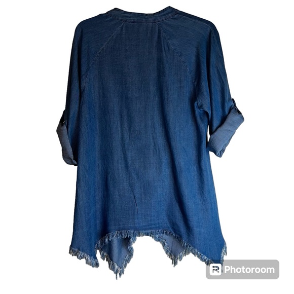 Hester & Orchard Tencel Chambray Button Up Split Neck Fringe Hem Shirt Sz S - Picture 9 of 11
